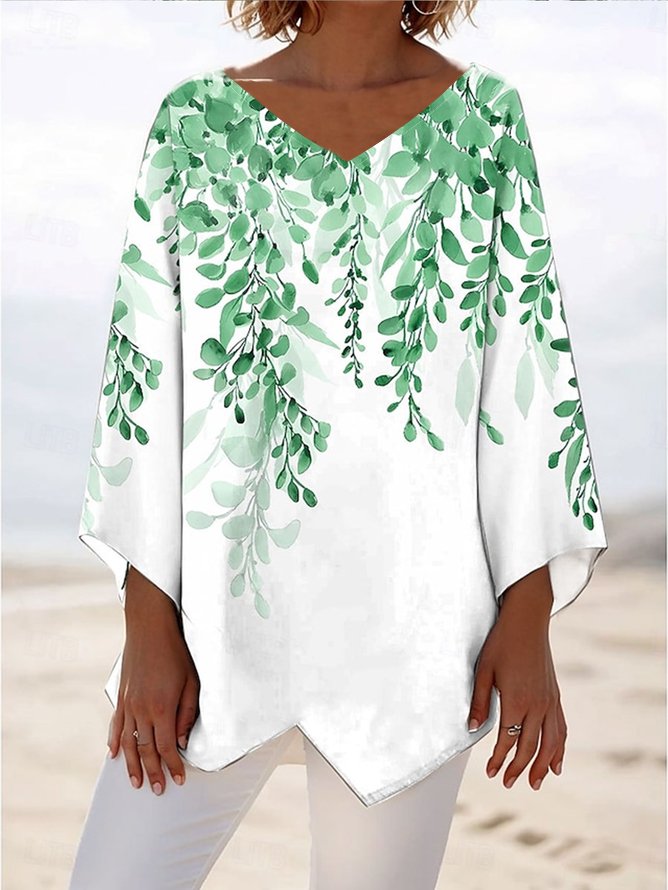 V Neck Long Sleeve Plants Regular Loose Blouse For Women