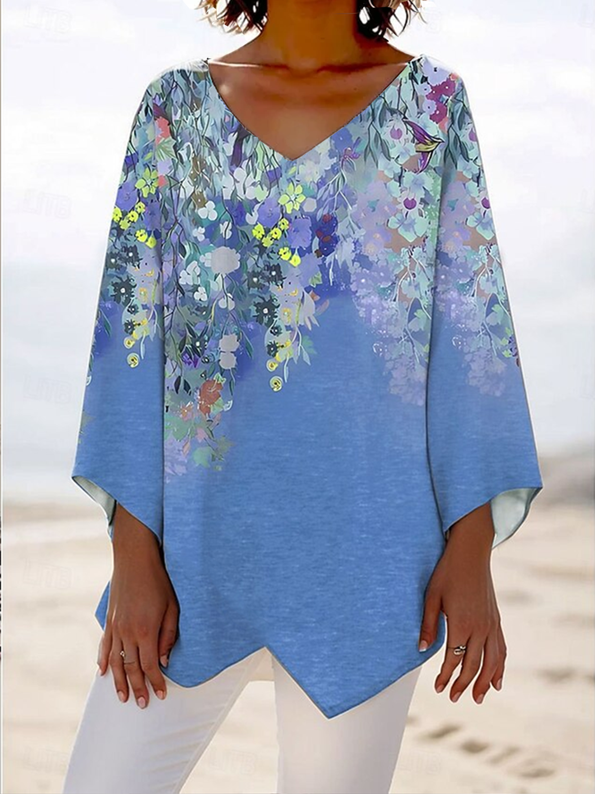 V Neck Long Sleeve Floral Regular Loose Blouse For Women