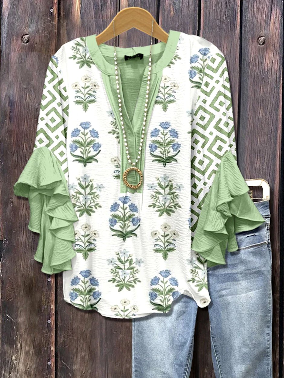 V Neck Long Sleeve Floral Regular Micro-Elasticity Loose Shirt For Women