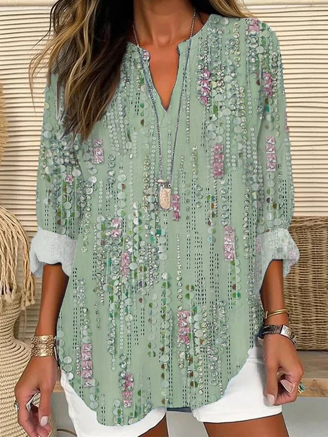 V Neck Long Sleeve Striped Printing Regular Loose Blouse For Women