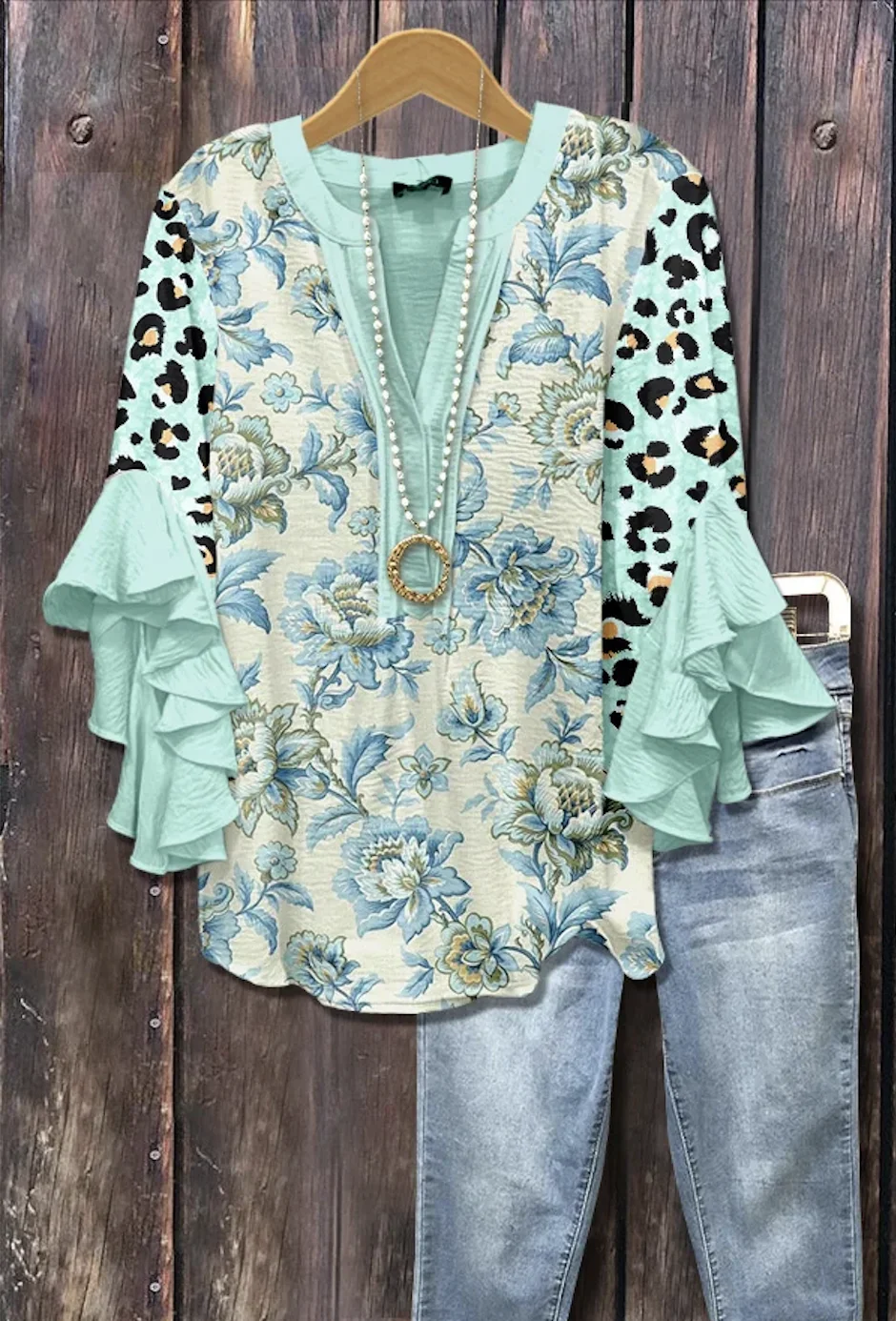 V Neck Long Sleeve Floral Regular Micro-Elasticity Loose Shirt For Women