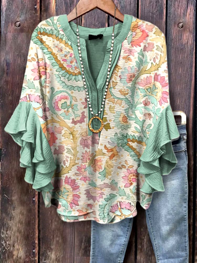 V Neck Long Sleeve Floral Regular Micro-Elasticity Regular Fit Shirt For Women