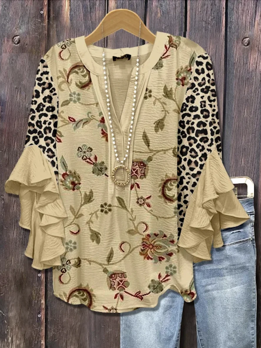 V Neck Long Sleeve Floral Regular Micro-Elasticity Loose Shirt For Women