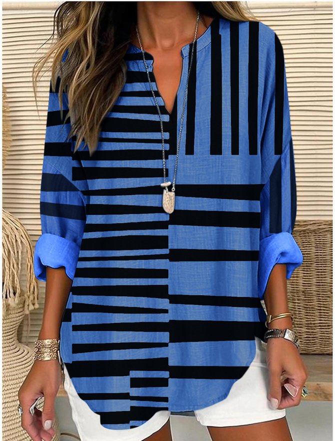 V Neck Long Sleeve Geometric Regular Micro-Elasticity Regular Fit Shirt For Women