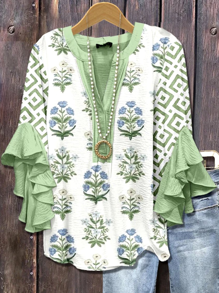 V Neck Long Sleeve Floral Regular Micro-Elasticity Loose Shirt For Women