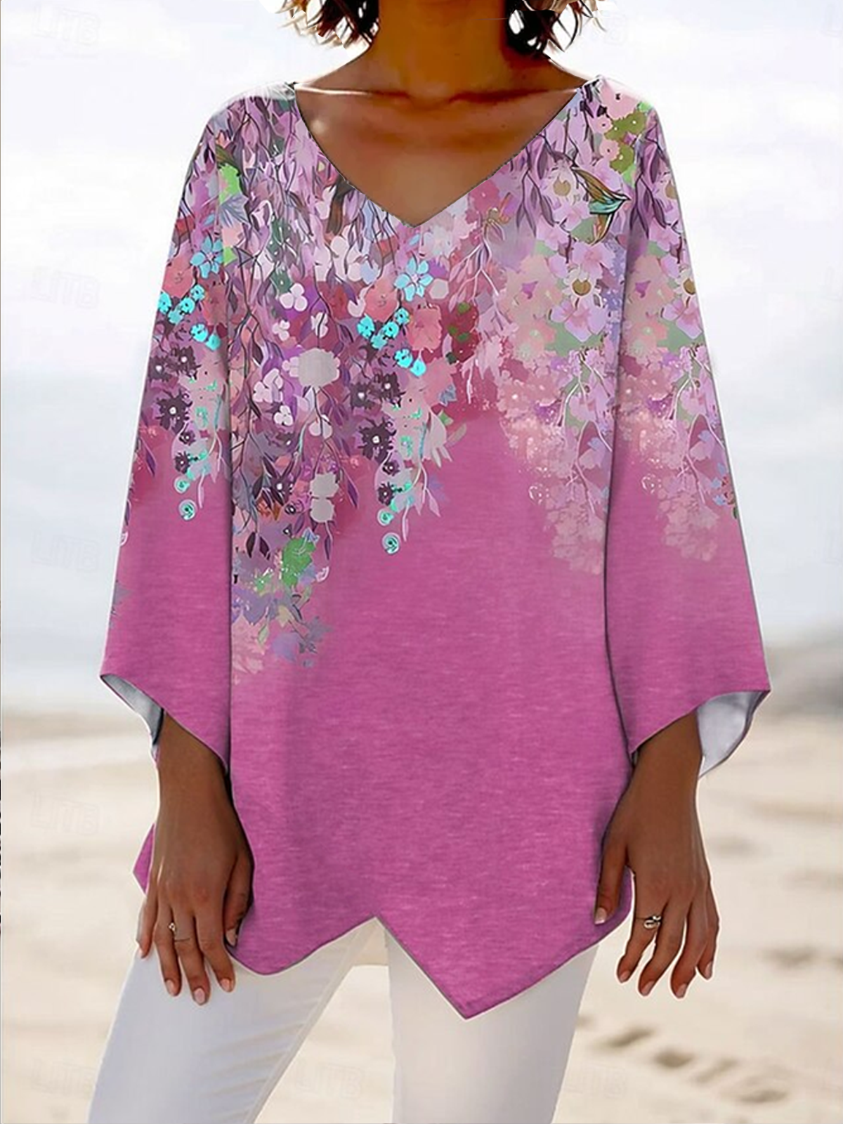 V Neck Long Sleeve Floral Regular Loose Blouse For Women