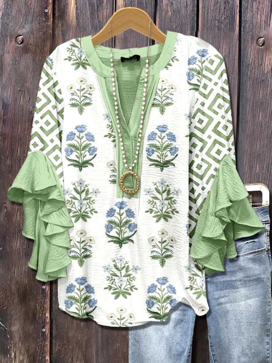 V Neck Long Sleeve Floral Regular Micro-Elasticity Loose Shirt For Women