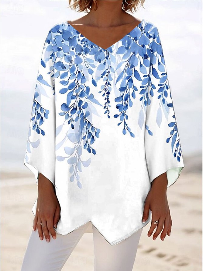 V Neck Long Sleeve Plants Regular Loose Blouse For Women