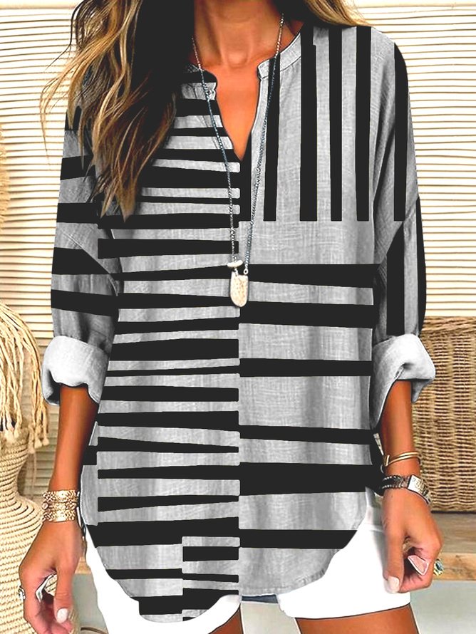 V Neck Long Sleeve Geometric Regular Micro-Elasticity Regular Fit Shirt For Women