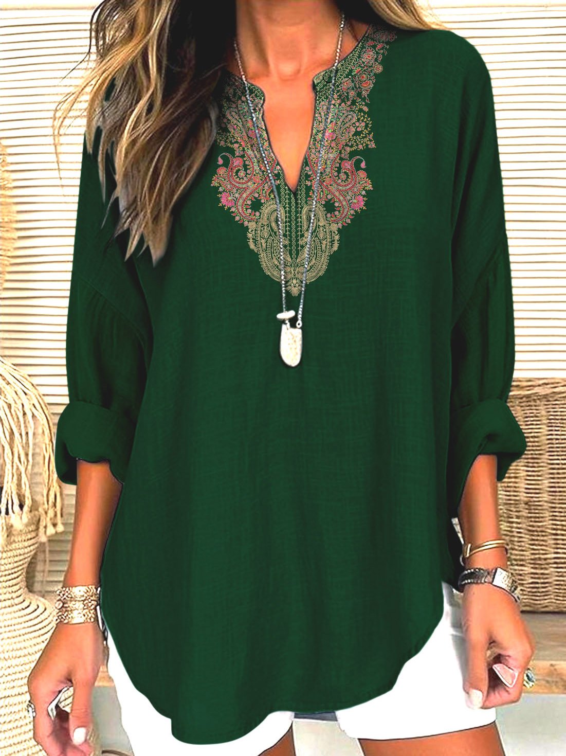 V Neck Long Sleeve Geometric Regular Micro-Elasticity Regular Fit Shirt For Women