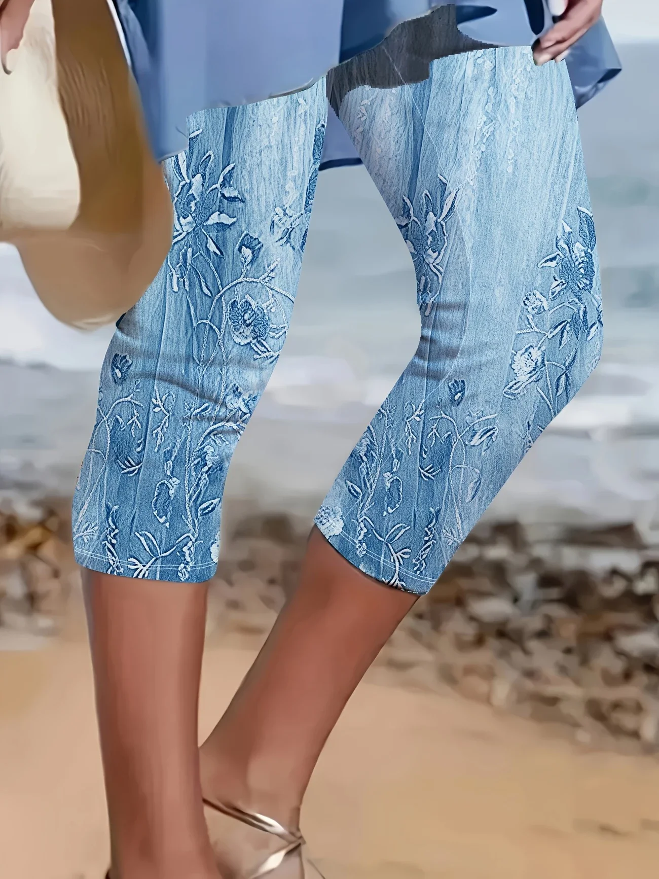 Casual Floral Capris Elastic Waist Printing Pant