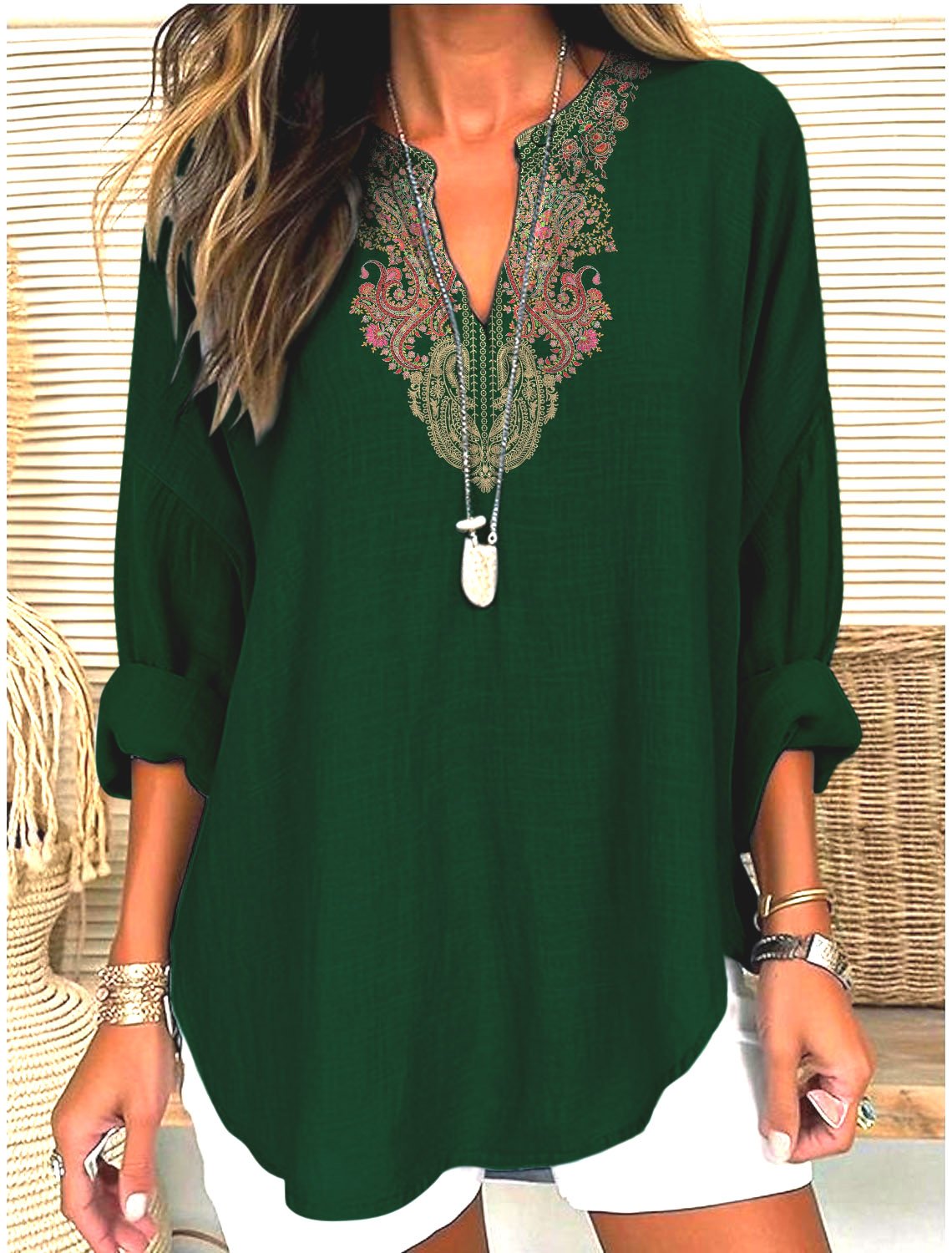 V Neck Long Sleeve Geometric Regular Micro-Elasticity Regular Fit Shirt For Women