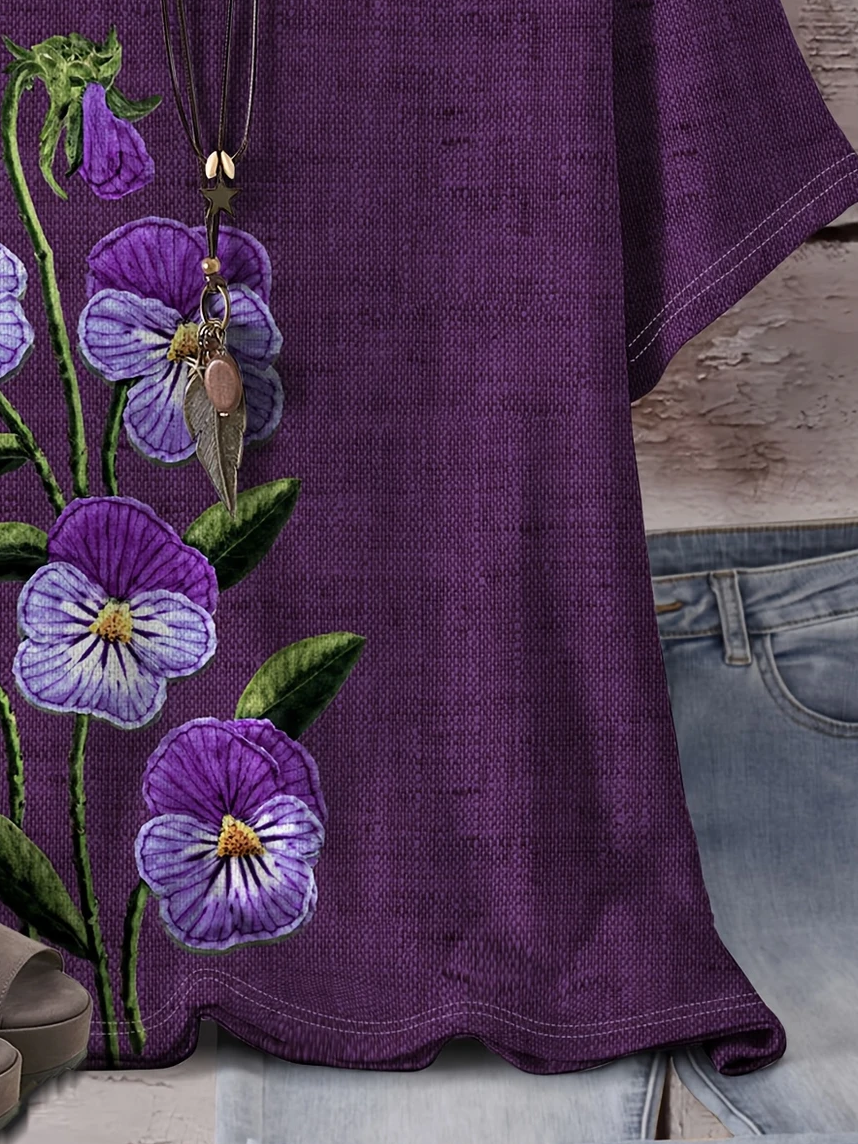 Casual Floral Crew Neck Short Sleeve T-shirt