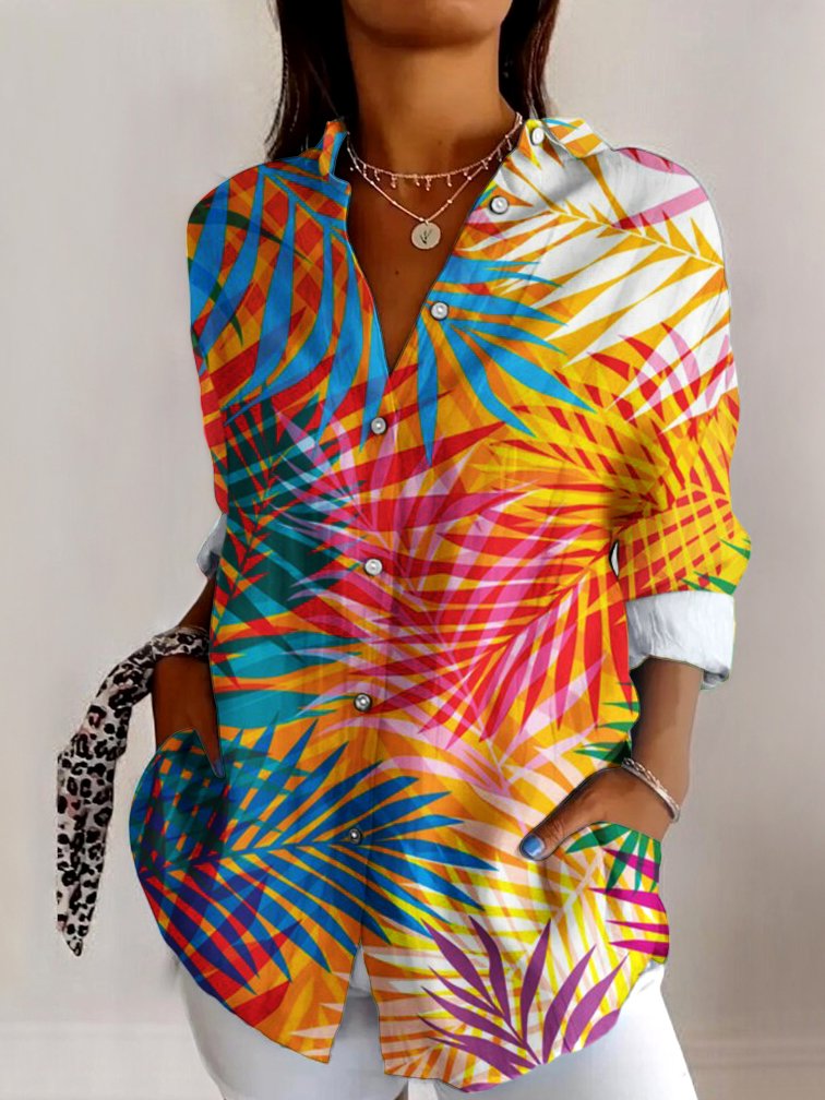 Shirt Collar Long Sleeve Geometric Regular Micro-Elasticity Regular Fit Shirt For Women