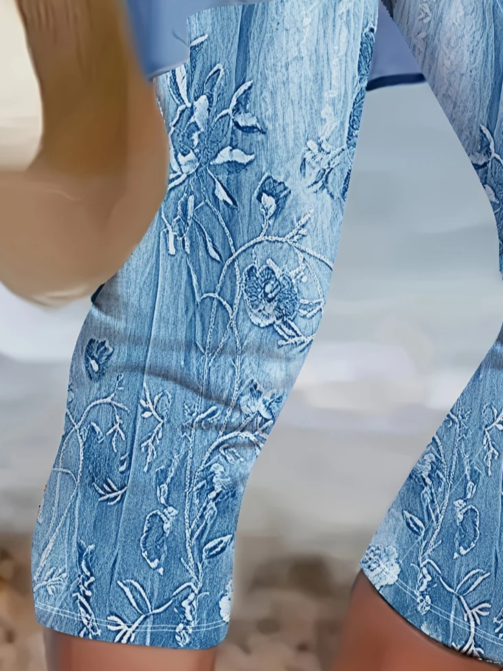Casual Floral Capris Elastic Waist Printing Pant