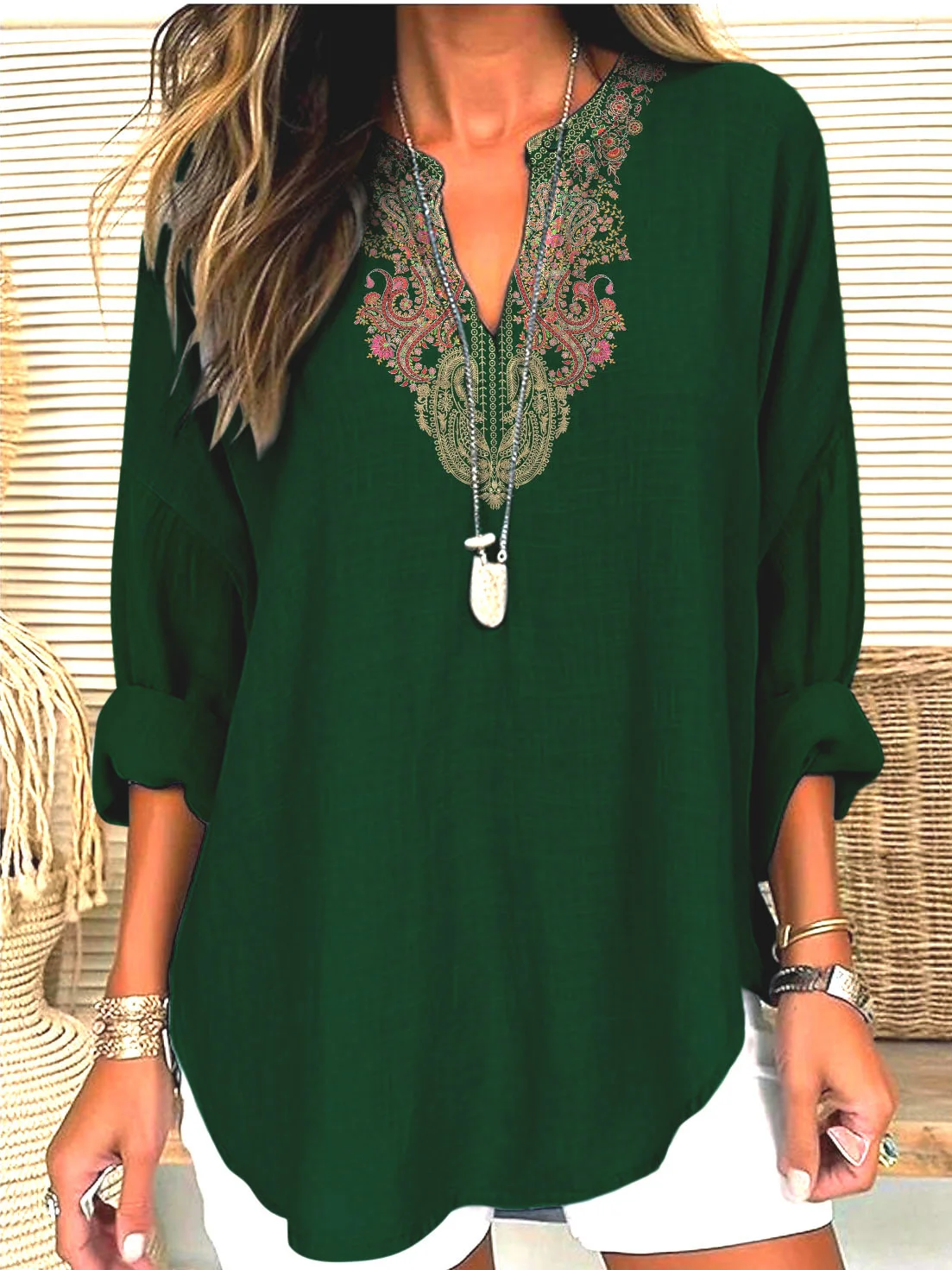 V Neck Long Sleeve Geometric Regular Micro-Elasticity Regular Fit Shirt For Women