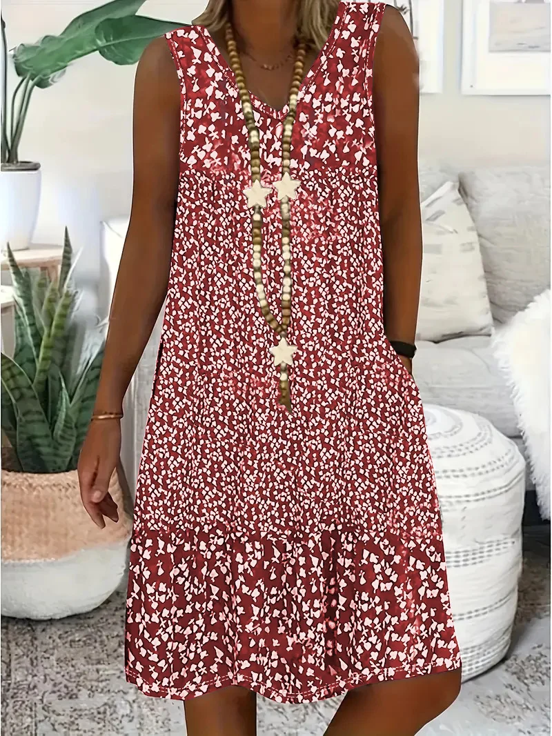 Women Floral V Neck Sleeveless Comfy Casual Midi Dress