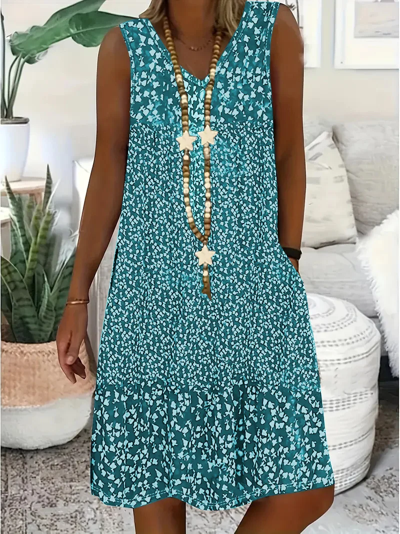 Women Floral V Neck Sleeveless Comfy Casual Midi Dress