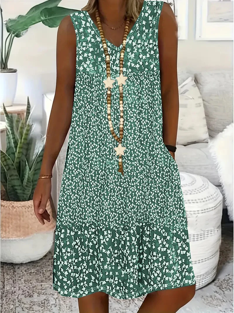 Women Floral V Neck Sleeveless Comfy Casual Midi Dress