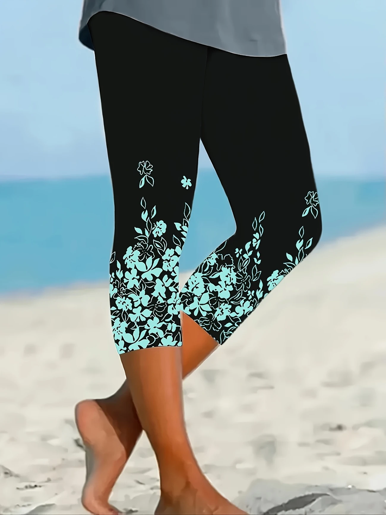 Casual Floral Printing Capris Elastic Waist Leggings
