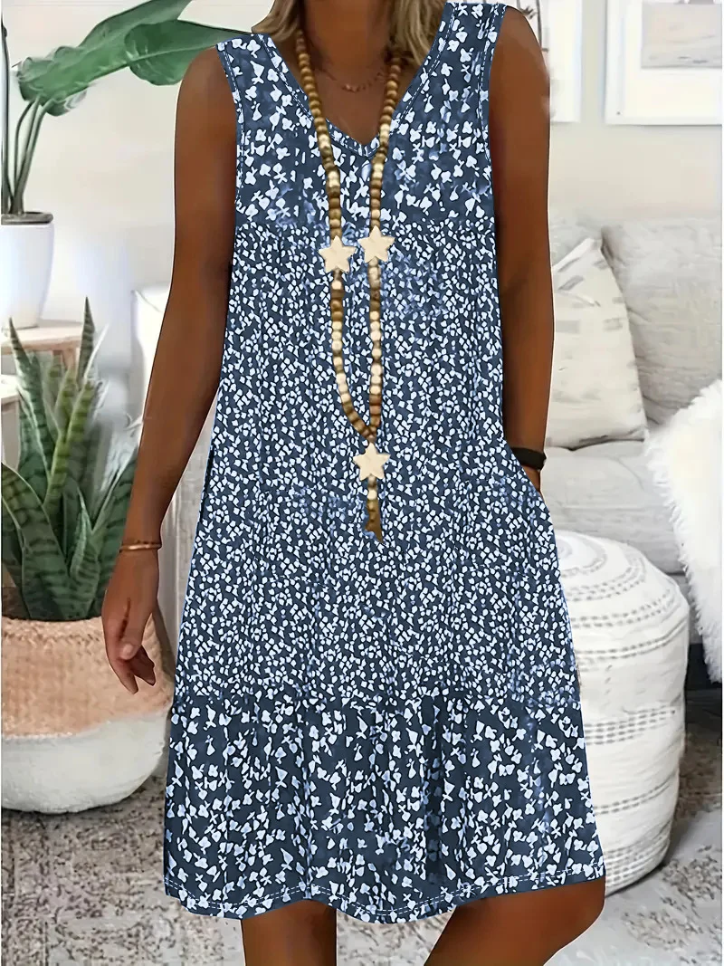Women Floral V Neck Sleeveless Comfy Casual Midi Dress