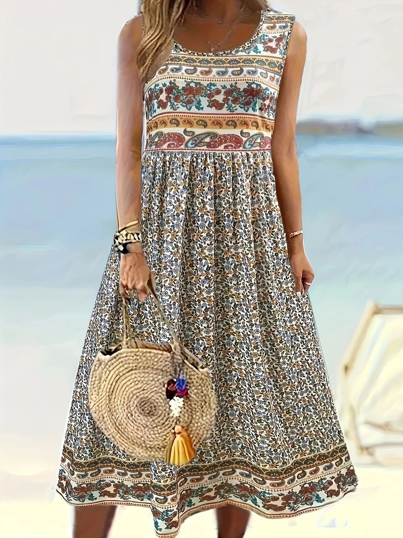 Women Floral Crew Neck Sleeveless Comfy Casual Maxi Dress