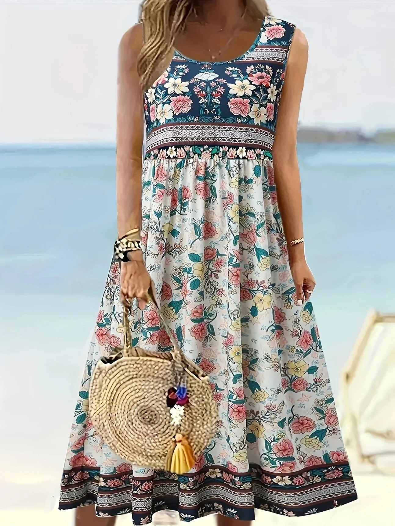 Women Floral Crew Neck Sleeveless Comfy Casual Maxi Dress