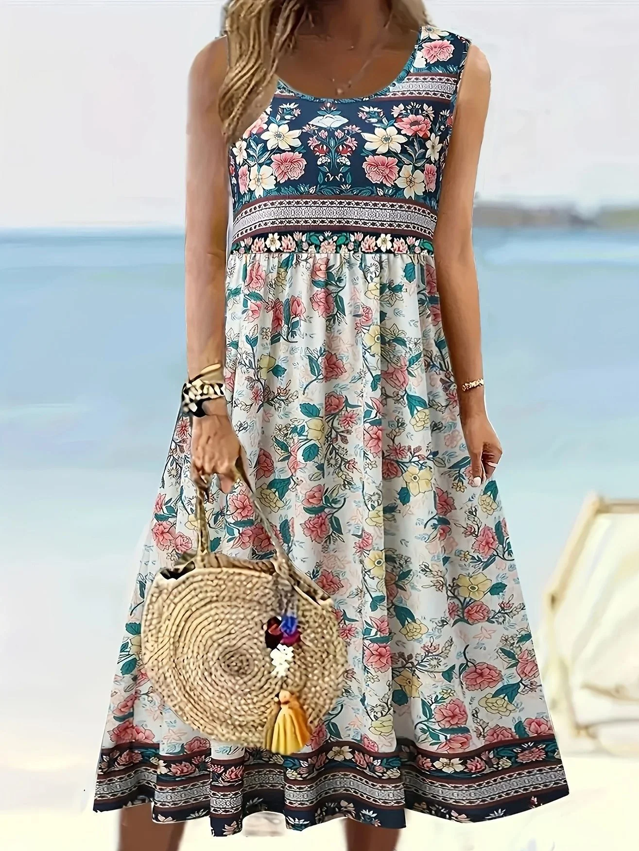Women Floral Crew Neck Sleeveless Comfy Casual Maxi Dress