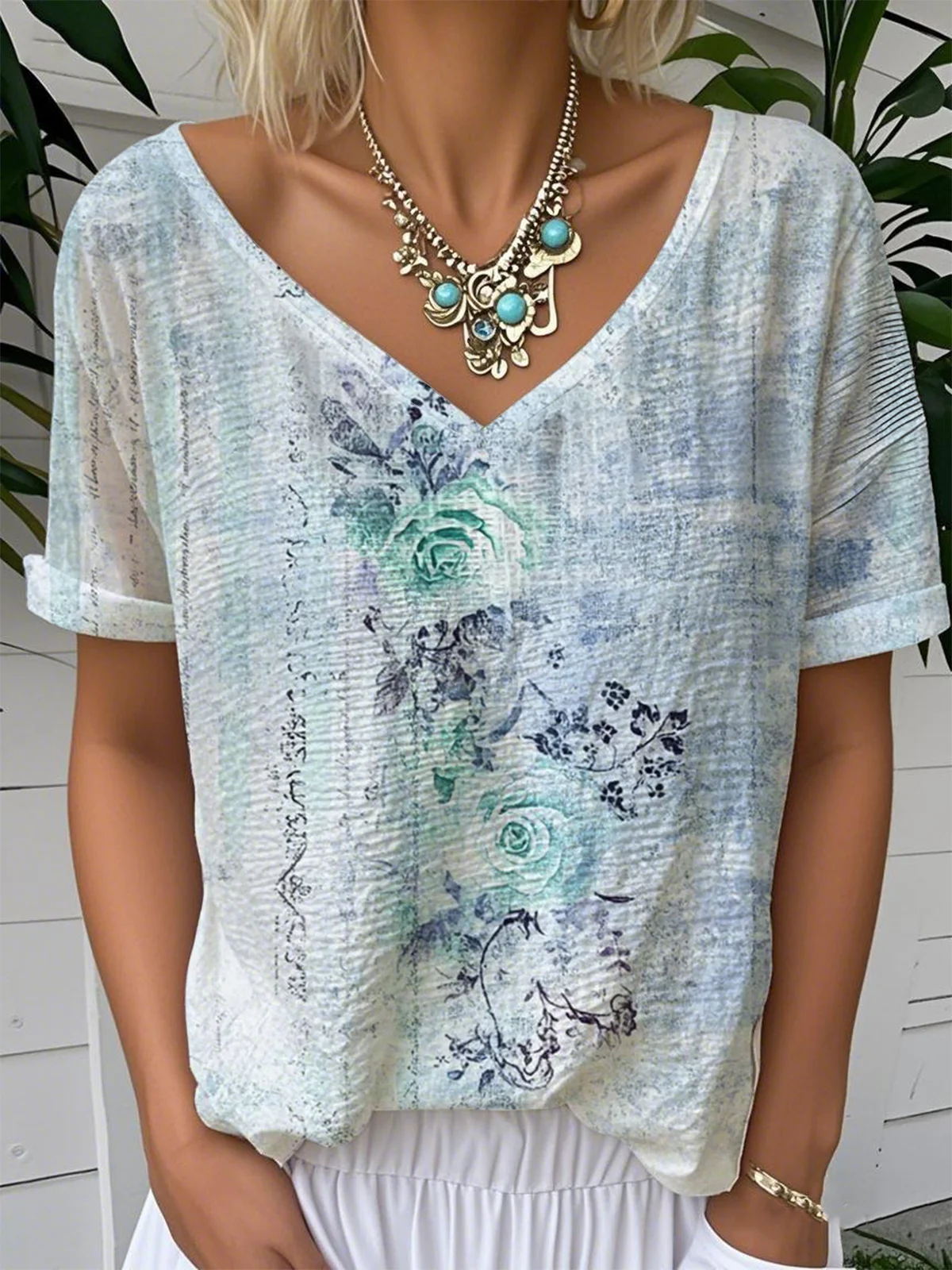 Crew Neck Short Sleeve Floral Regular Loose Tunic Blouse For Women