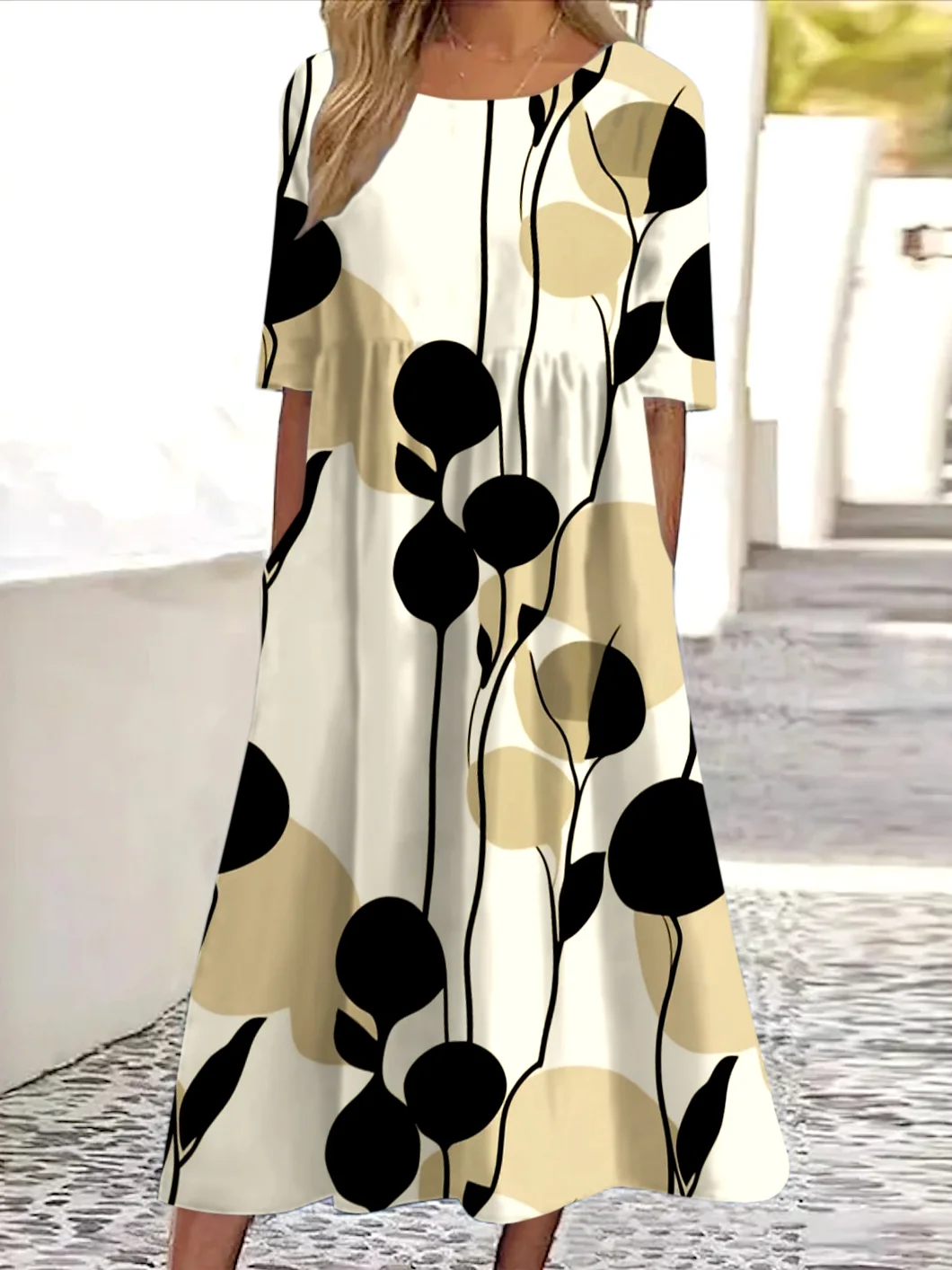 Women Floral Crew Neck Short Sleeve Comfy Casual Maxi Dress