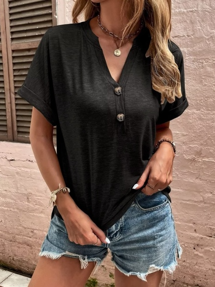 Casual Plain V Neck Short Sleeve T-shirt