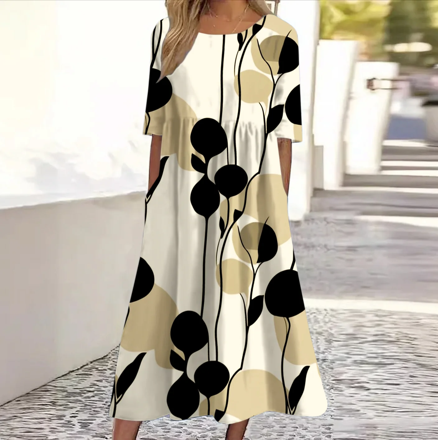 Women Floral Crew Neck Short Sleeve Comfy Casual Maxi Dress