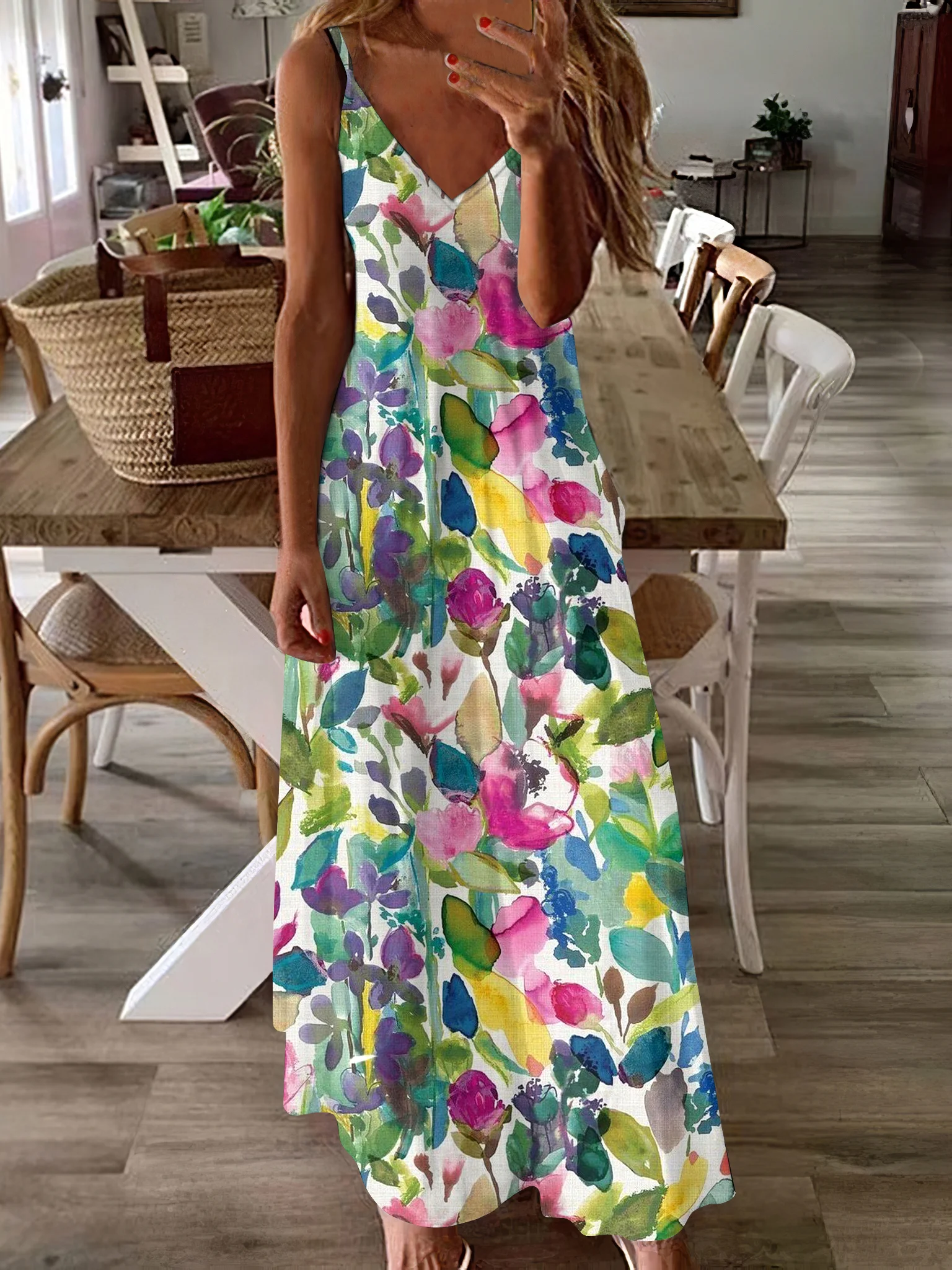 Women Floral Spaghetti Sleeveless Comfy Casual Maxi Dress