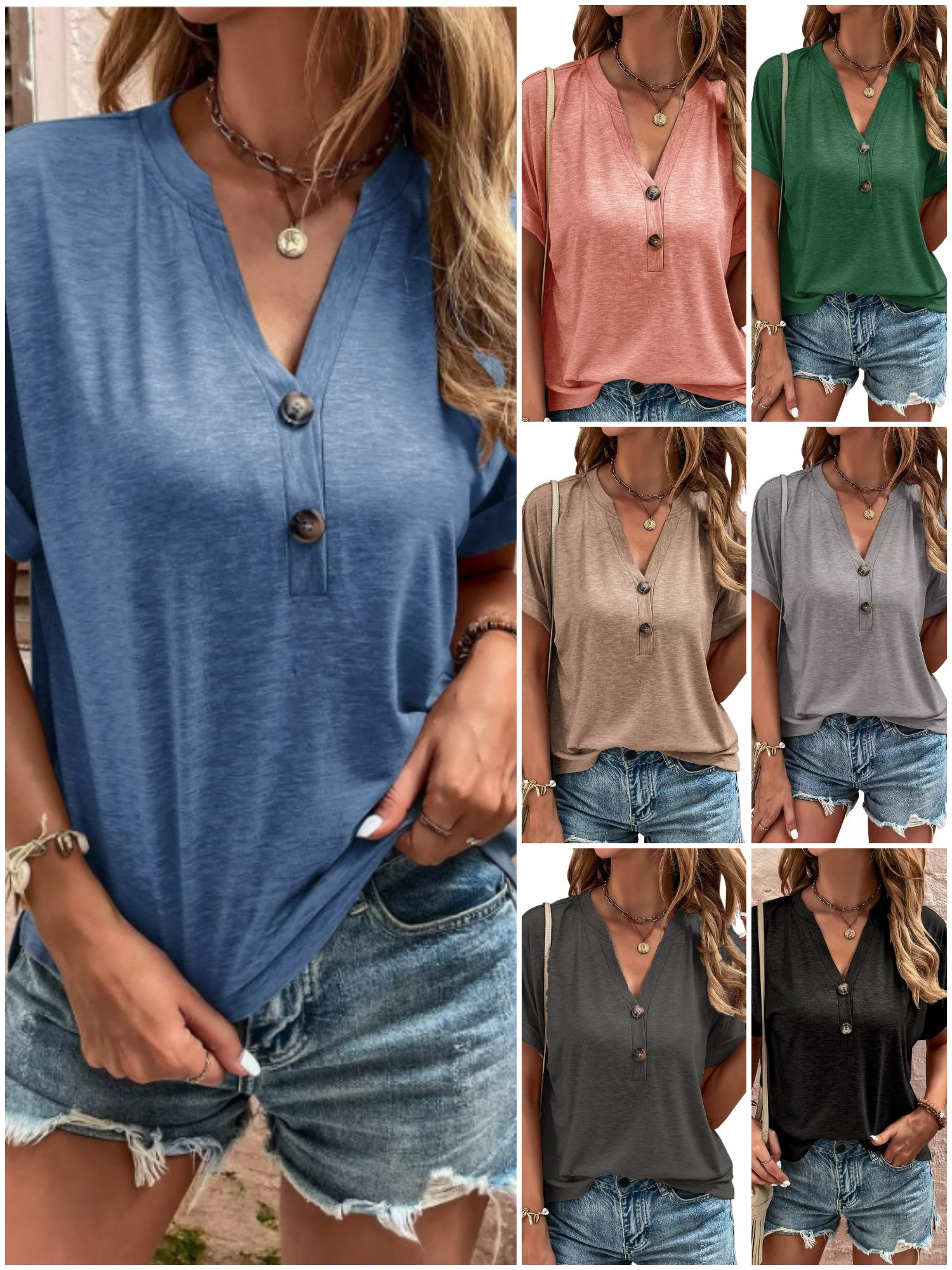 Casual Plain V Neck Short Sleeve T-shirt