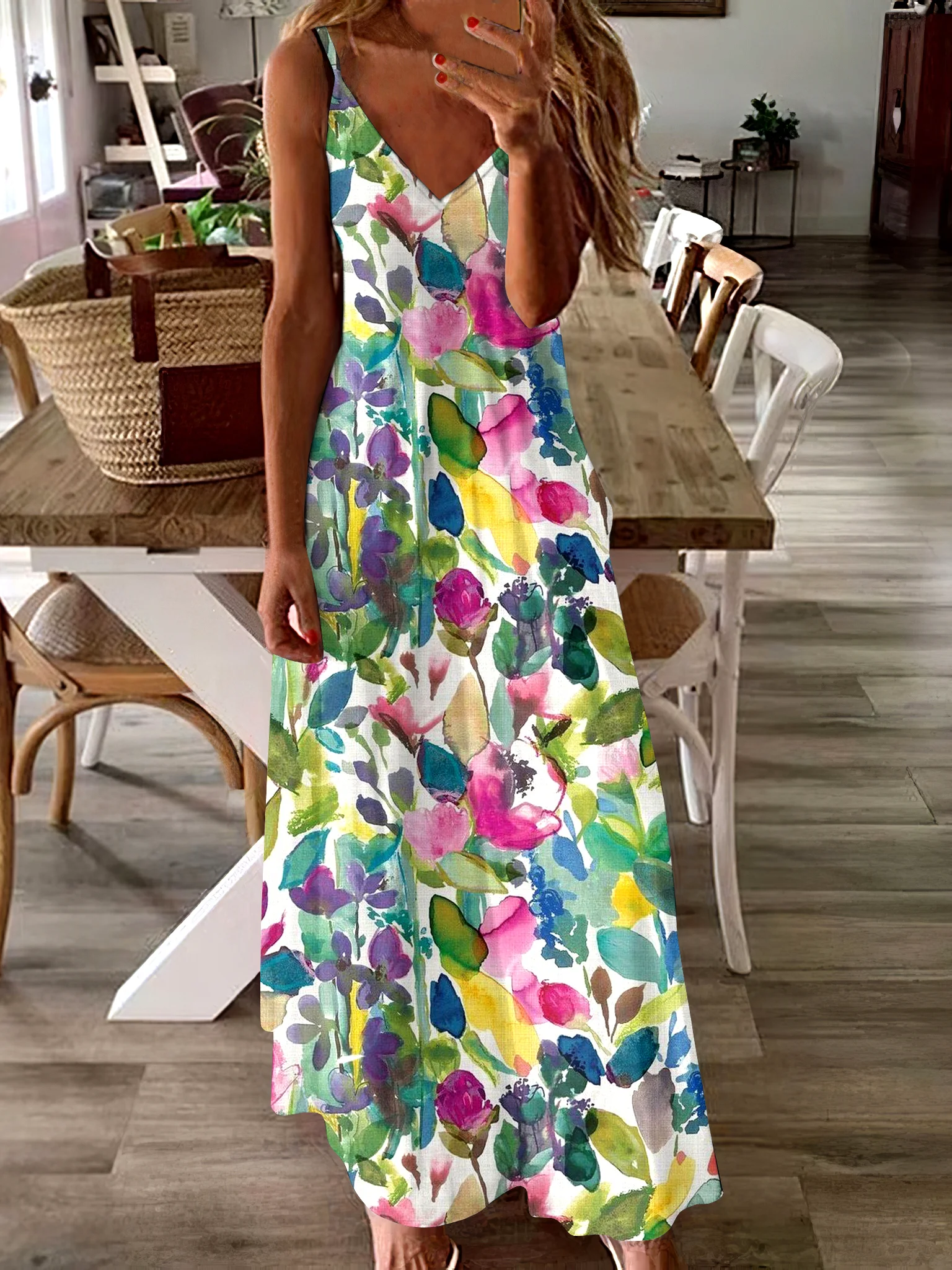 Women Floral Spaghetti Sleeveless Comfy Casual Maxi Dress