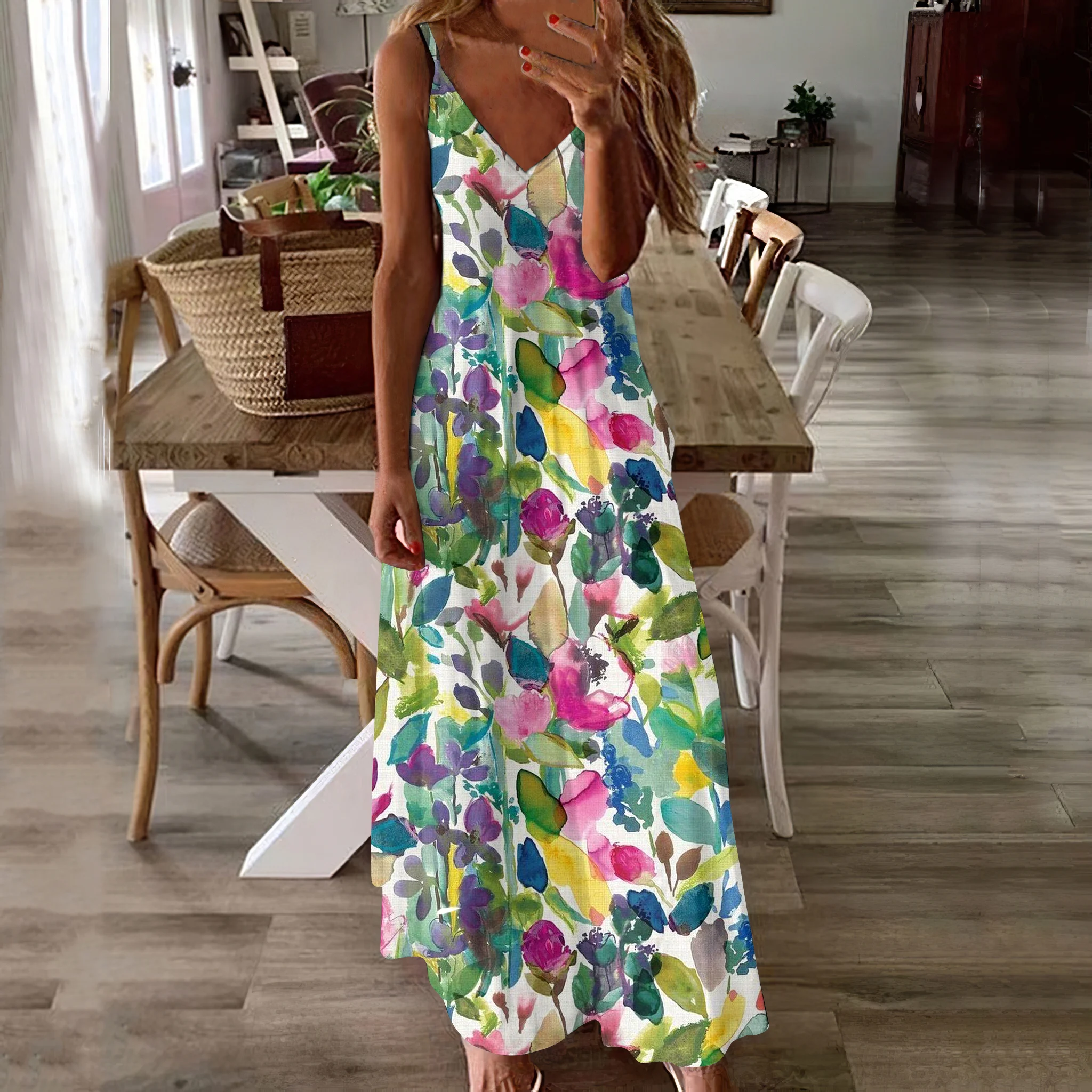 Women Floral Spaghetti Sleeveless Comfy Casual Maxi Dress
