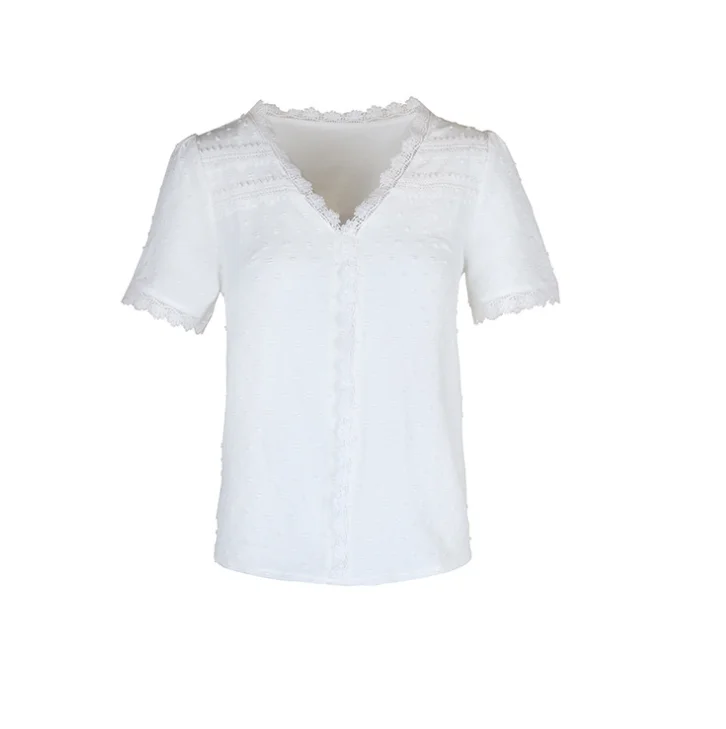 V Neck Short Sleeve Polka Dots Regular Micro-Elasticity Regular Fit Shirt For Women