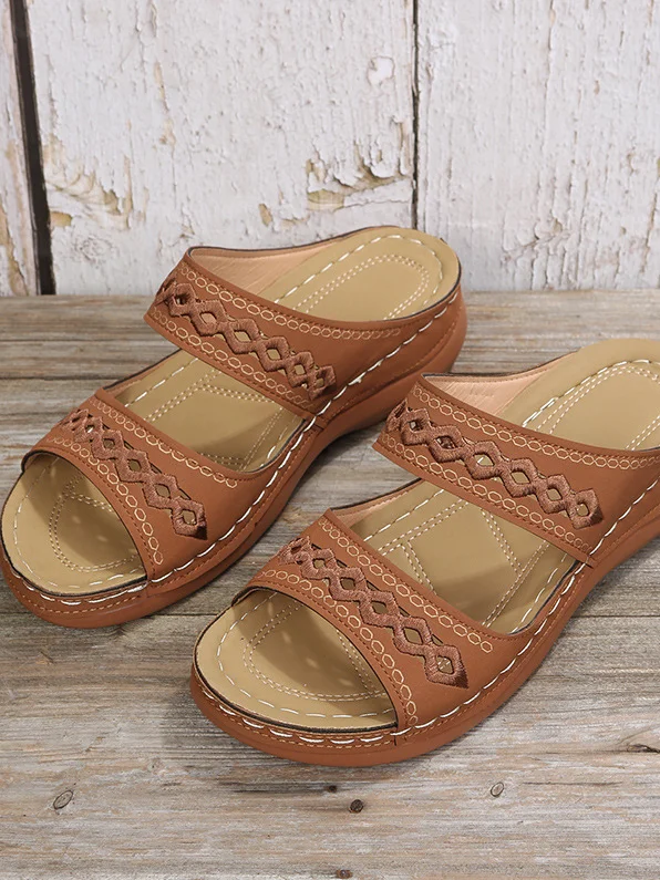 New large size slippers, retro stitching, non-slip round toe wedge heel, comfortable flat sandals for women