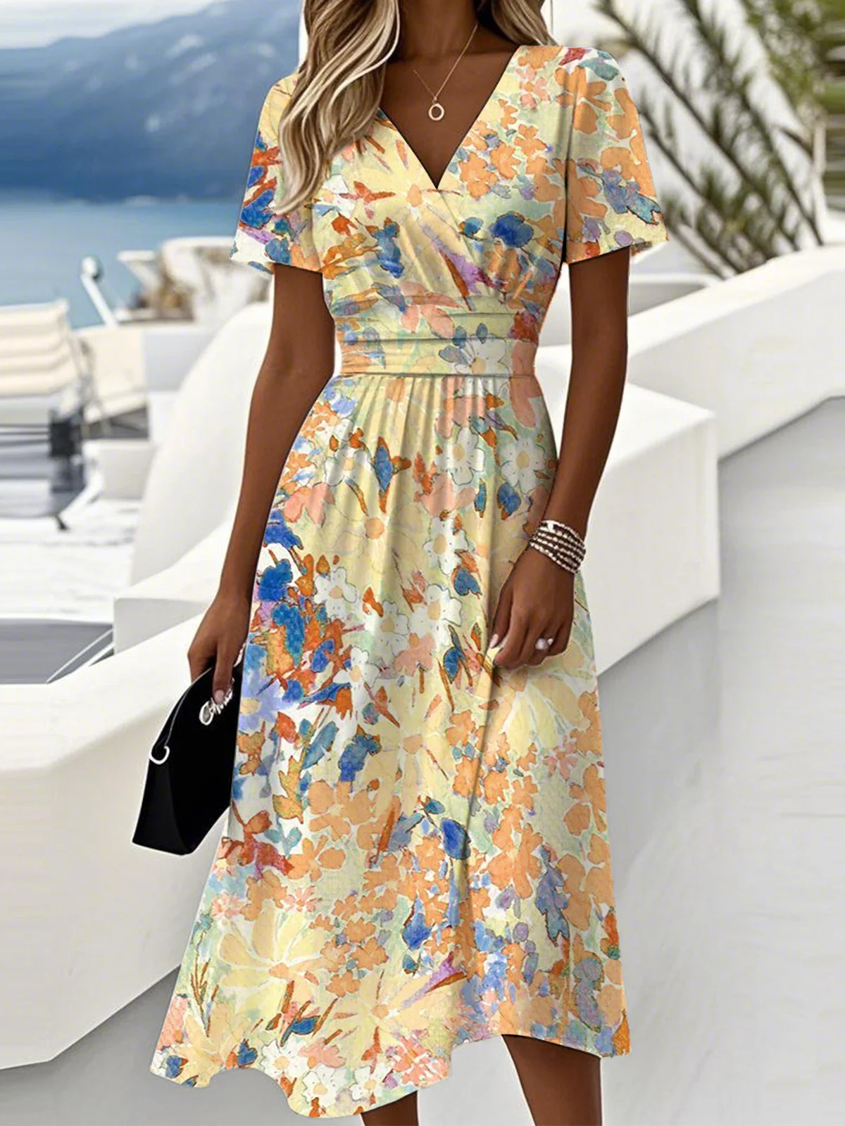 Women Floral Summer Dress V Neck Short Sleeve Beach Dress A-Line Dress