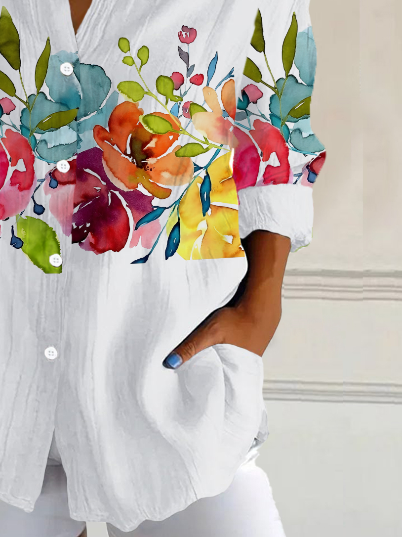 Shirt Collar Long Sleeve Floral Buckle Regular Loose Button Up Shirt Shirt For Women