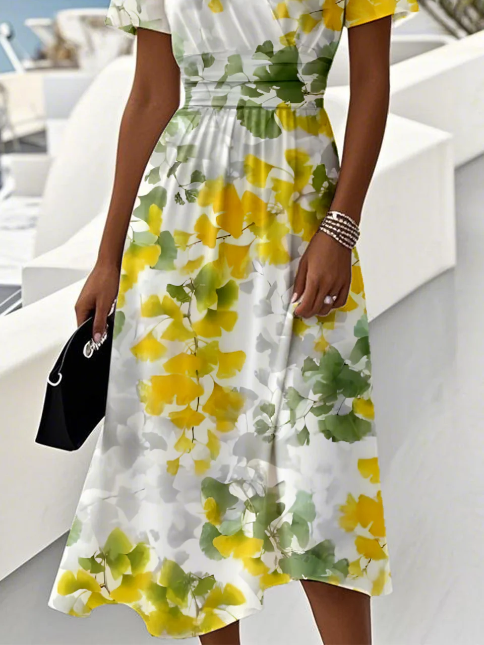 Women Leaf V Neck Short Sleeve Comfy Casual Maxi Dress