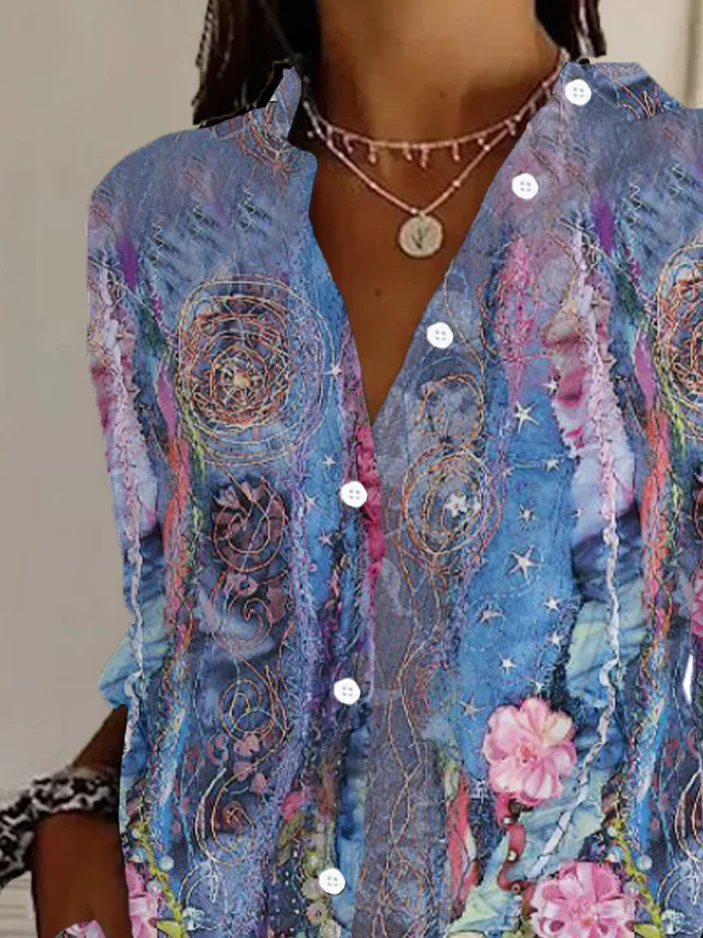 Shirt Collar Long Sleeve Floral Buckle Regular Loose Button Up Shirt Shirt For Women