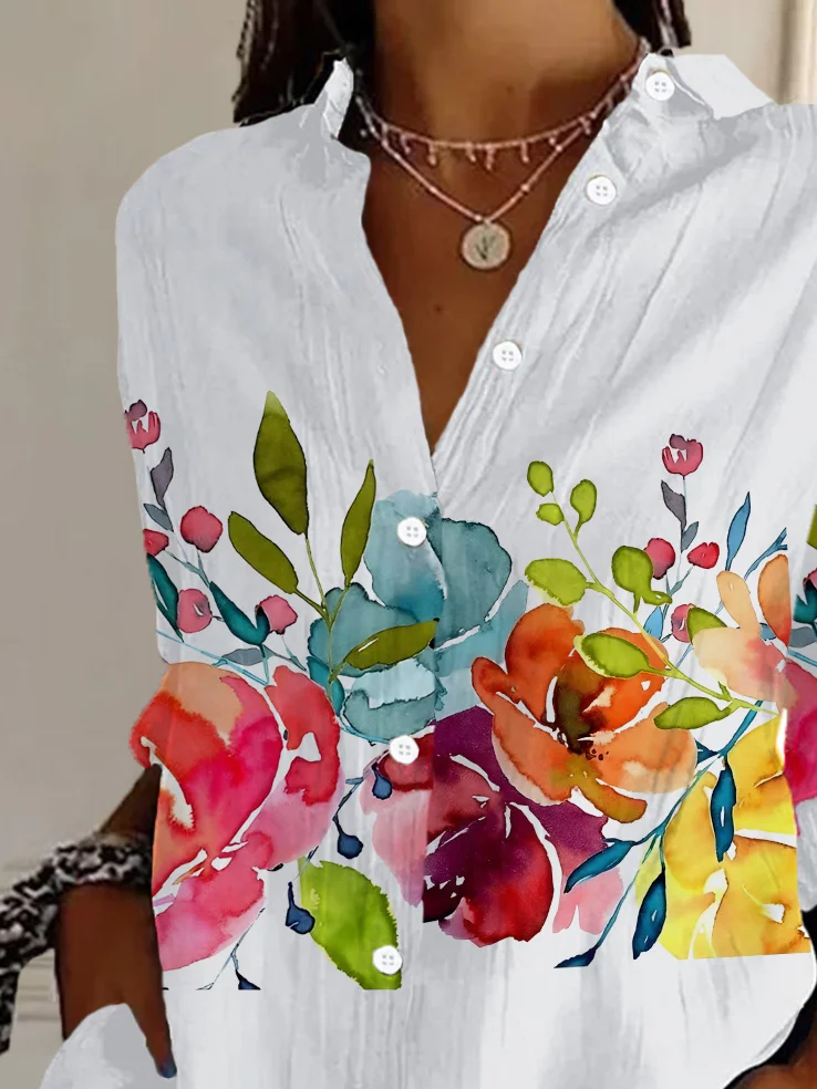 Shirt Collar Long Sleeve Floral Buckle Regular Loose Button Up Shirt Shirt For Women