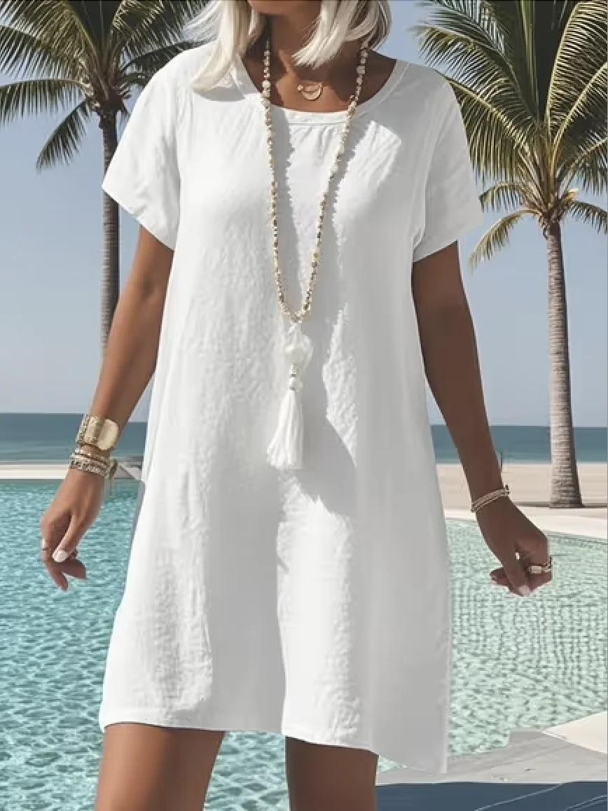 Women Plain Crew Neck Short Sleeve Comfy Casual Midi Dress