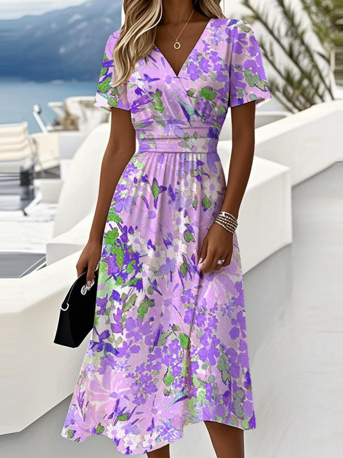 Women Floral Summer Dress V Neck Short Sleeve Beach Dress A-Line Dress