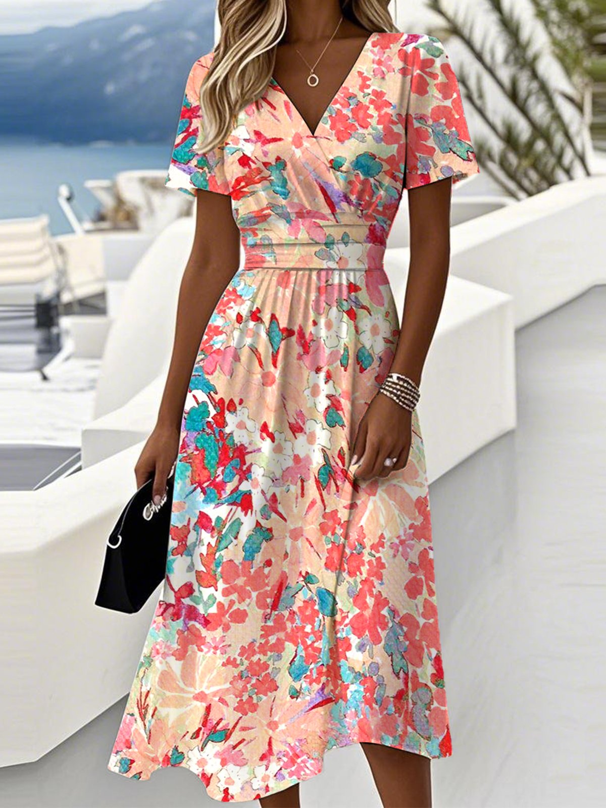 Women Floral Summer Dress V Neck Short Sleeve Beach Dress A-Line Dress