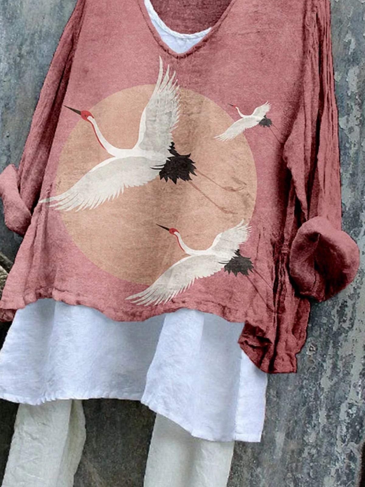 Vintage Animal Art Print V Neck Long Sleeve Comfy T-shirt