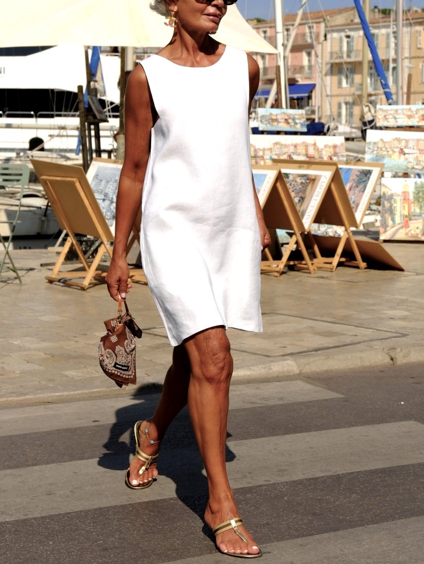 Women Plain Crew Neck Sleeveless Comfy Casual Midi Dress