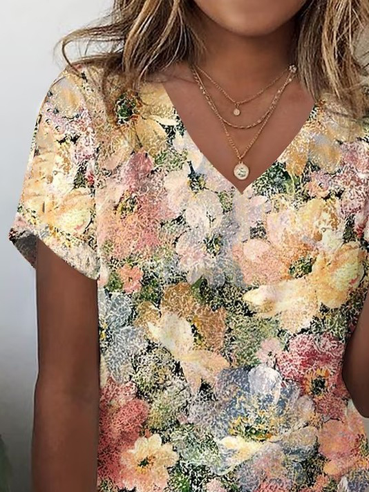 Casual Floral V Neck Short Sleeve T-shirt