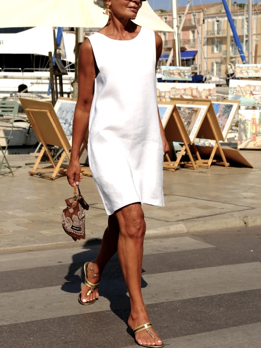 Women Plain Crew Neck Sleeveless Comfy Casual Midi Dress